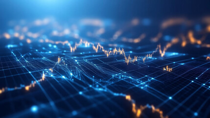 Poster - A glowing graph showing economic growth and stock market trends against a dark blue background. This modern design uses abstract shapes and looks futuristic.low poly wireframe.