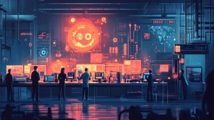 A group of people stand in a futuristic control room, watching a screen filled with data and information.
