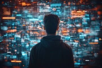 A young man standing in front of a large screen with glowing digital data, looking at the information displayed.