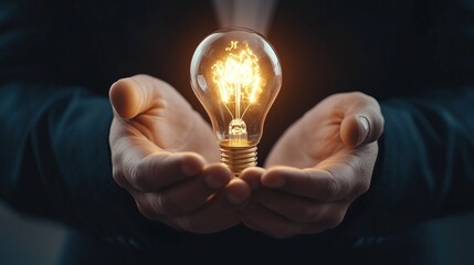 Hands holding glowing light bulb symbolizing innovation and ideas in business setting.