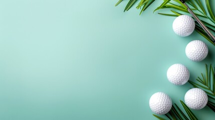 Golf balls arranged with palm leaves on a mint green background, ideal for sports and leisure themes.