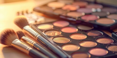 closeup of makeup brush and paint palettes in warm soft light