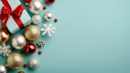 Festive arrangement of Christmas ornaments and a gift box on a light blue background, perfect for holiday celebrations.