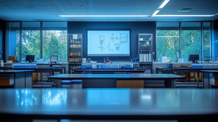 A modern, empty science lab classroom with desks, equipment, windows, and a whiteboard with equations.