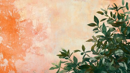 Poster - A serene abstract background featuring soft orange hues complemented by lush green leaves, perfect for nature-themed projects or artistic designs.