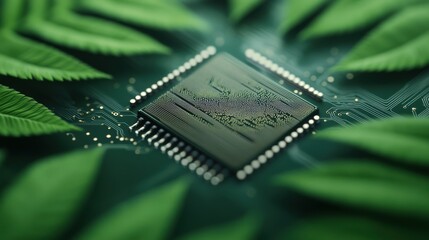 Poster - A close-up view of a microchip surrounded by vibrant green leaves, symbolizing the fusion of technology and nature in modern innovation.