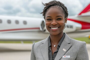 A Smiling Woman in a Grey Suit Standing in Front of a Private Jet