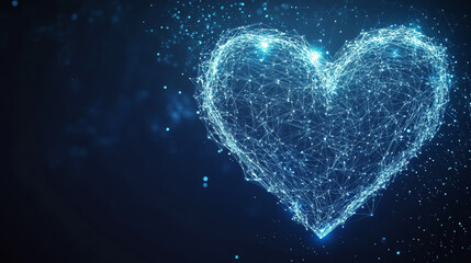 Poster - A futuristic, glowing heart made of lines and shapes, like stars and triangles, stands out against a dark blue background. It's a modern design that represents low poly wireframe.