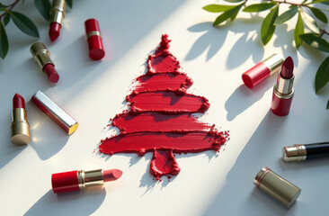 Christmas tree drawn with lipsticks on white background, flat lay