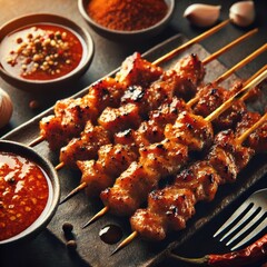 Delicious grilled meat skewers served with spicy dipping sauces on a rustic wooden board.