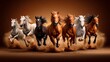 Wild Horse Run: A breathtaking image of seven majestic horses galloping across a dusty landscape, their manes and tails flowing in the wind. A powerful symbol of freedom and untamed beauty.