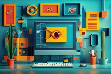 Poster - A computer monitor with an open email displaying a large eye, surrounded by office supplies and a blue background.