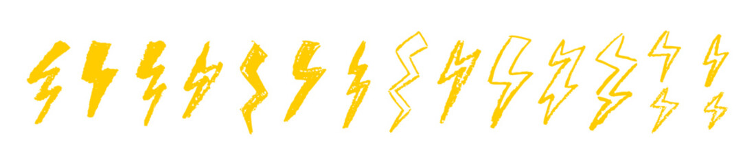 Wall Mural - set of lightning by wax pencil drawing. collection of handdrawing chalk , light flash signs, doodle 