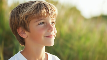 Portrait of a young boy in sunny field.