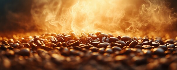 Roasted coffee beans with steam rising, warm lighting.