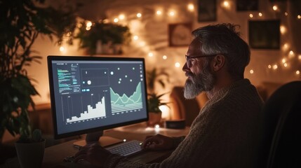 Poster - Entrepreneur reviewing AI-driven graphs on sleek monitor, cozy modern office, synergy of human decision and AI