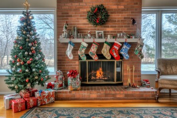 Canvas Print - Christmas living room with a crackling fire, warm and inviting.