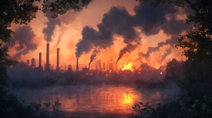 Fiery industrial scene at dusk with thick smoke, symbolizing environmental destruction