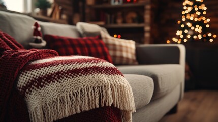 Canvas Print - Festive winter home decor with warm colors and candlelight in this cozy living room decorated for Christmas.