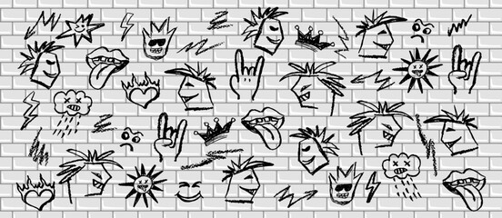 Wall Mural - grunge rock set on metro brick wall of black elements. wax pencil drawing mouth with tongue hanging 