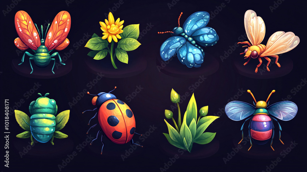 Animated Color Insects Isolated set of colorful insect icons including ladybug, fly, and ...