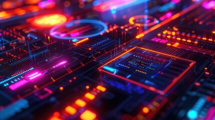 An array of glowing purple and blue cubes against a black background, reflecting an advanced and vibrant technological landscape.