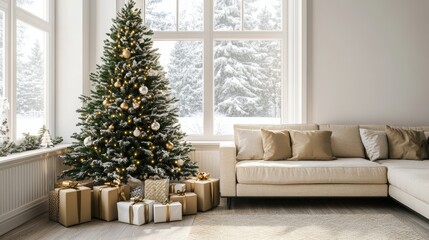 Wall Mural - A cozy Christmas living room decorated with a tree and gifts