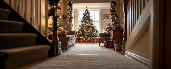 Canvas Print - It's Christmas in the living room with a decorated tree, presents, and a comfortable armchair.