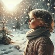 © fitpinkcat84 - A serene image of a young child standing in a snowy landscape, looking up in awe at falling snowflakes, capturing the wonder and joy of experiencing winter’s magic for the first time.