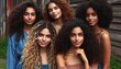 © fitpinkcat84 - Diverse women with different natural hairstyles, including curly, wavy, and braided hair. Group portrait showcasing beauty and individuality, outdoor setting with natural lighting