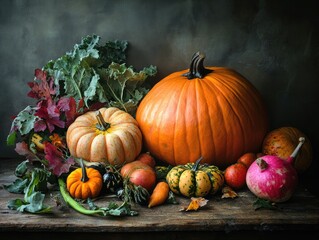 Poster - Autumn still life arrangement featuring pumpkins vegetables and autumn foliage on a wooden surface