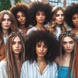 © fitpinkcat84 - Diverse women with different natural hairstyles, including curly, wavy, and braided hair. Group portrait showcasing beauty and individuality, outdoor setting with natural lighting