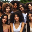 © fitpinkcat84 - Diverse women with different natural hairstyles, including curly, wavy, and braided hair. Group portrait showcasing beauty and individuality, outdoor setting with natural lighting
