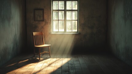 Poster - A chair is sitting in front of a window in a room with a lot of sunlight