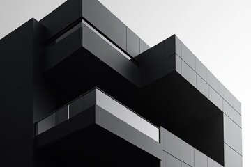 Poster - black and white abstract of modern wall facade, sleek lines and sharp angles in minimalist style.