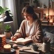 © fitpinkcat84 - Young woman writing in a journal at her desk in a cozy study room, surrounded by books, plants, and soft lighting. Creative and peaceful atmosphere, casual clothing, personal workspace