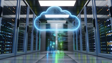 digital cloud hovering above a modern server room, Cloud Computing concept. Cloud storage at data center, server room cloud storage, business technology, business concept