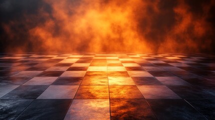 Poster - A dark room with a checkered floor and a lot of smoke