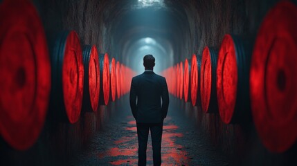 Wall Mural - A man stands in a tunnel with red circles on the walls