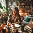 © fitpinkcat84 - Young woman writing in a journal at her desk in a cozy study room, surrounded by books, plants, and soft lighting. Creative and peaceful atmosphere, casual clothing, personal workspace