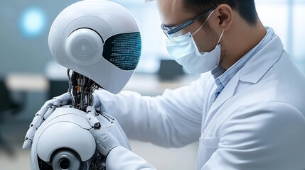 Scientist and Robot: A futuristic image of a scientist in a lab coat and mask gently interacting with a humanoid robot.  The scene evokes a sense of technological advancement and human connection.