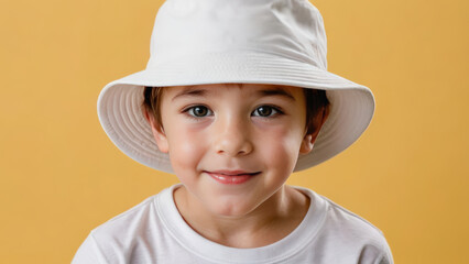 Little boy wearing white t-shirt and white bucket hat isolated on yellow background