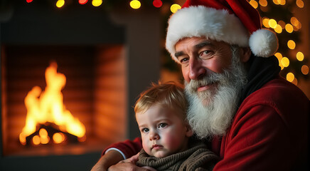 Wall Mural - A man and a child are posing for a picture in front of a fireplace