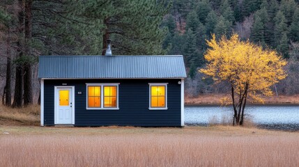 Sticker - Small cabin near a serene lake, surrounded by pine trees and bathed in soft evening light.