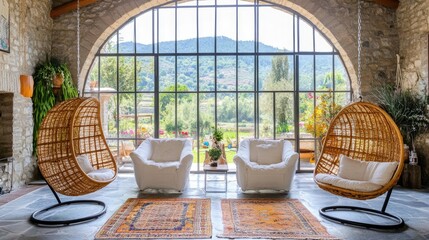 Spacious living room with hanging chairs, soft sunlight streaming through an open window. c