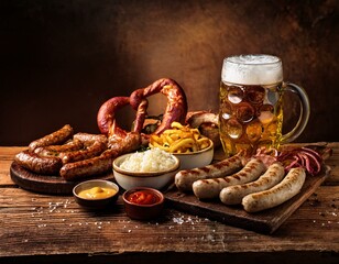 Beer Festival greeting card, traditional beer festival food, beer cup on wood background