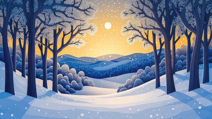 Poster - A stunning early winter landscape featuring the first snowfall A serene rural scene with snow covered trees in the morning light