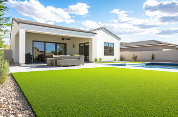 an Arizona home with a large backyard, featuring artificial grass and a patio area for relaxation. The house has white stucco walls, a pool in front, and outdoor dining space with a table and chairs o