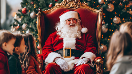 Santa Claus seated in a grand chair while talking to children.