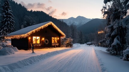 A snowy winter landscape with a cabin decorated with Christmas lights and wreaths